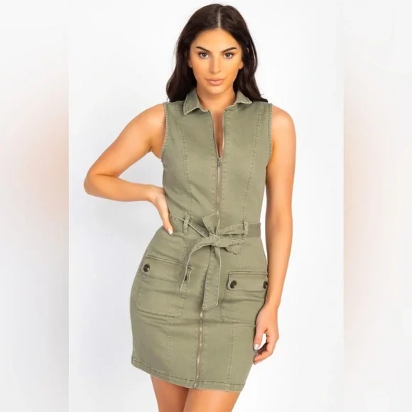 strapless open back dress LINEN COTTON | GREEN | SLEEVELESS | BUTTONED | MINI DRESS | COLLARED NECK |  SUMMER main image 0